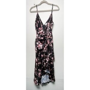 Wraparound Dee Elly Black Pink‎ Floral Satin Faux Wrap Midi Dress Womens Medium